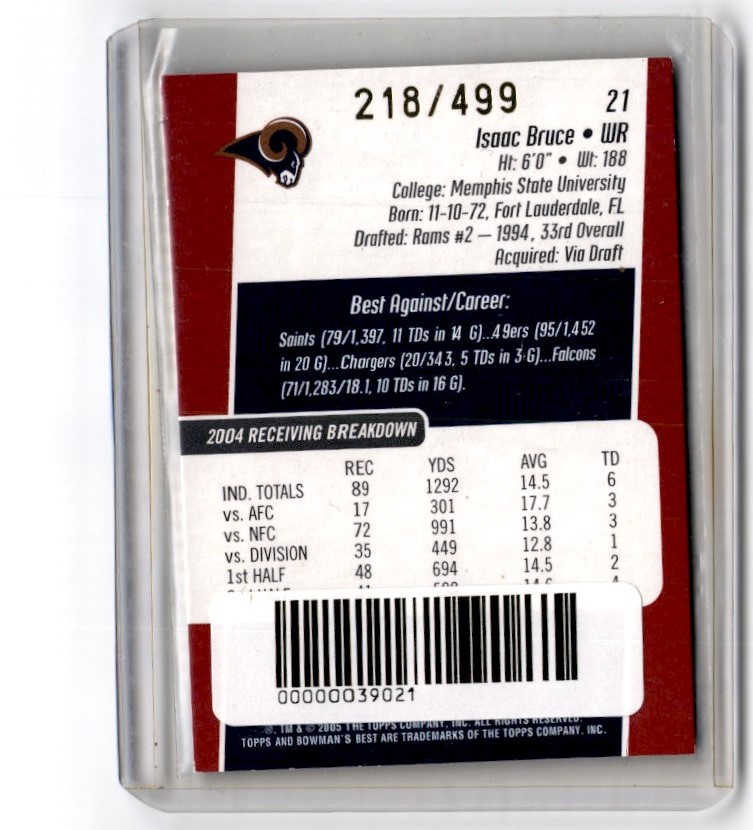 2005 Bowman's Best Refractor Isaac Bruce /500 St. Louis Rams #21