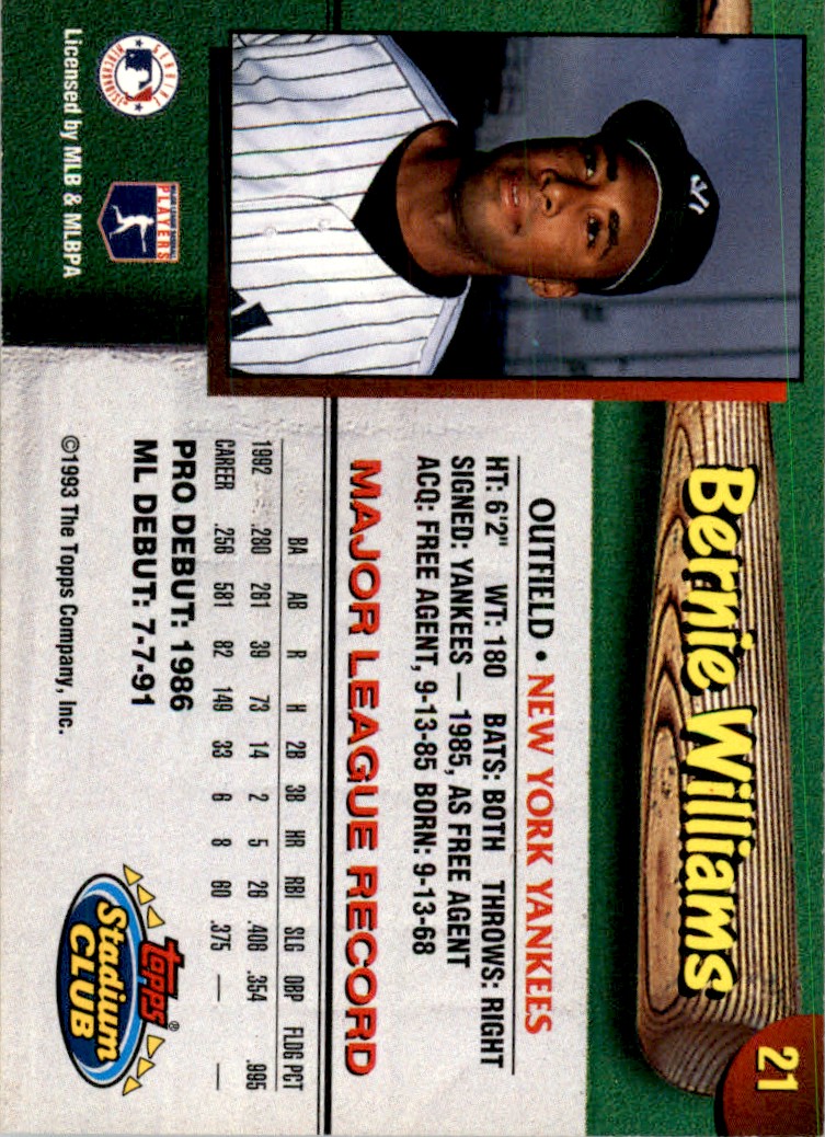 1993 Stadium Club New York Yankees Bernie Williams #21 on Kronozio