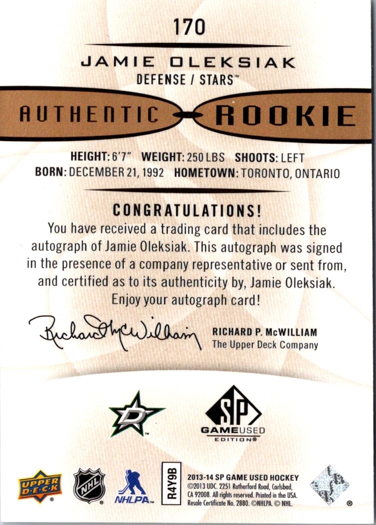 2013-14 SP Game Used Gold Autographs Jamie Oleksiak #170 card back image