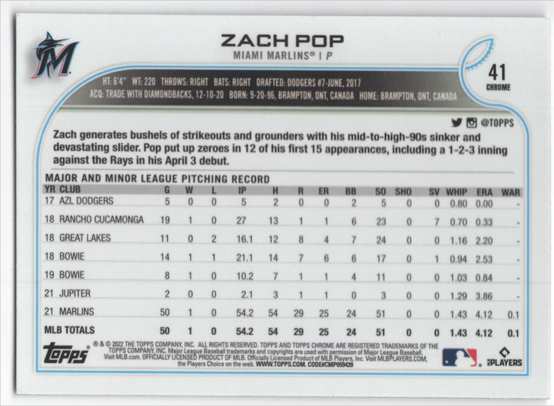 2022 Topps Chrome Prism Refractor Zach Pop #41 card back image
