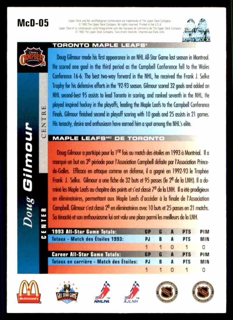 1993-94 Upper Deck Mcdonald's Doug Gilmour #MCD-05 card back image