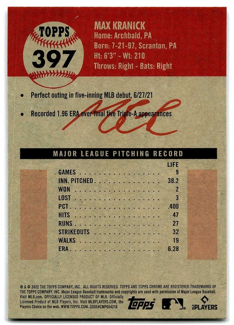 2022 Topps Chrome Platinum Anniversary Max Kranick #397 card back image