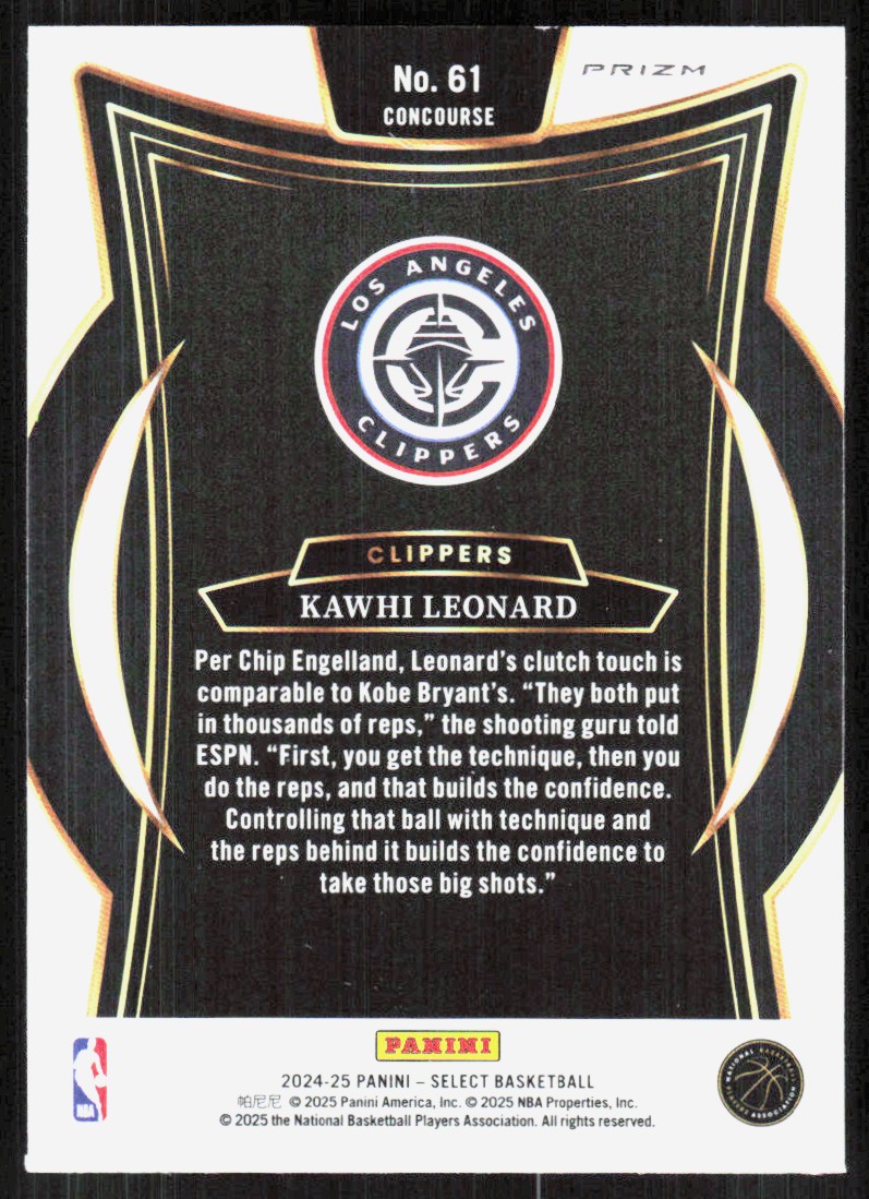 2024-25 Panini Select Blue Cracked Ice Kawhi Leonard #61 card back image