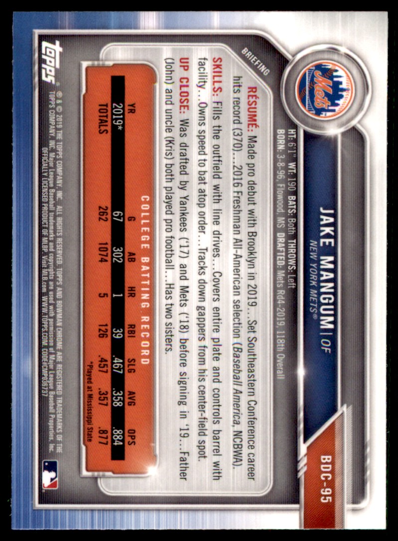 2019 Bowman Draft Chrome Jake Mangum #BDC-95 card back image