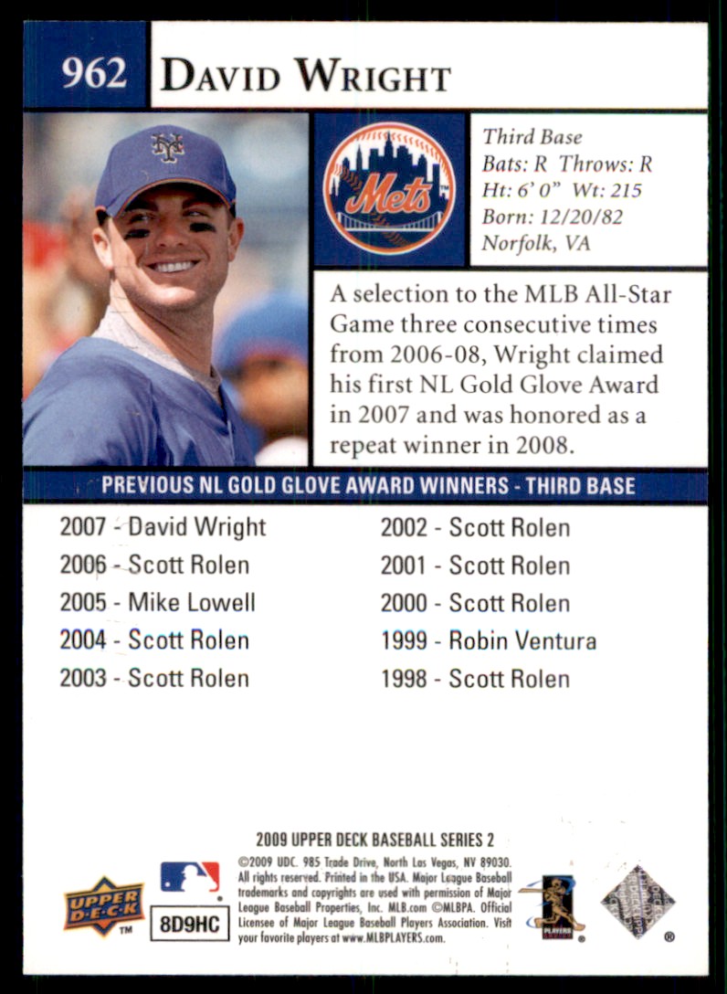 2009 Upper Deck David Wright #962 card back image
