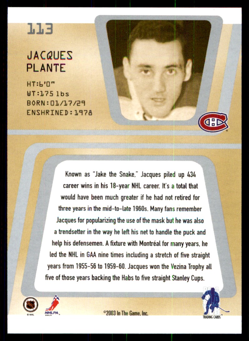 2002-03 Be a Player Between the Pipes Jacques Plante #113 card back image
