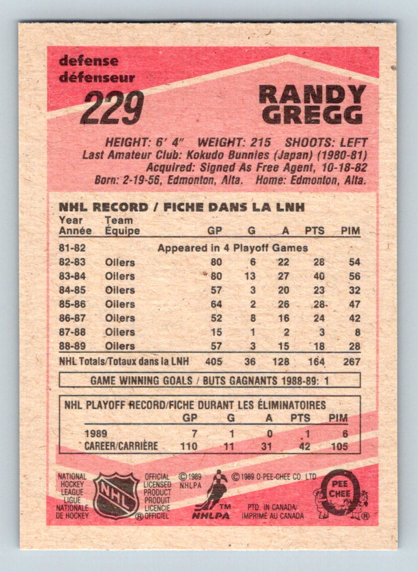 1989-90 O-Pee-Chee Randy Gregg #229 card back image
