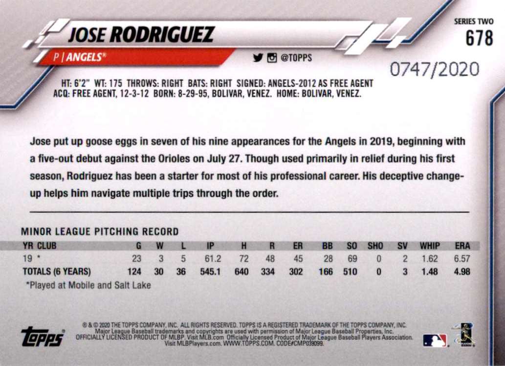2020 Topps Gold Jose Rodriguez #678 card back image