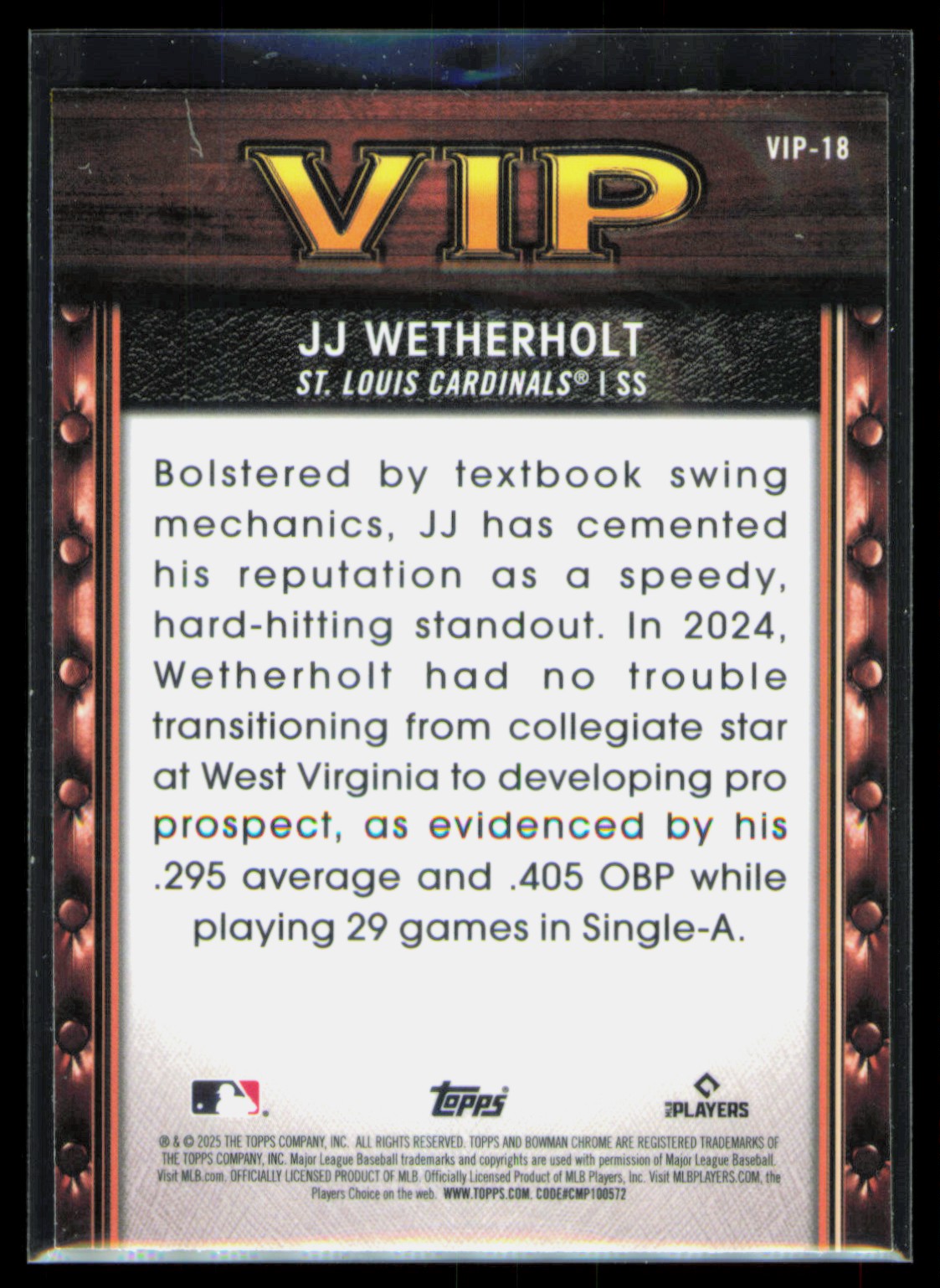 2025 Bowman VIP Very Important Prospects JJ Wetherholt #VIP-18 card back image