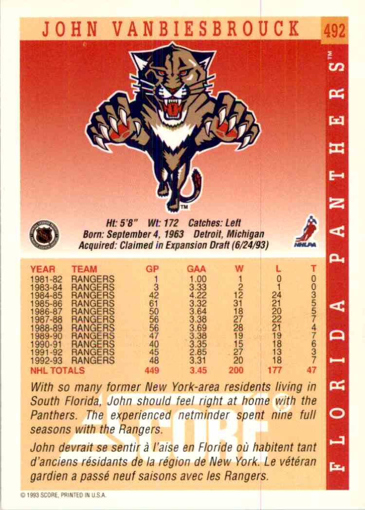 1993-94 Score Bilingual John Vanbiesbrouck #492 card back image