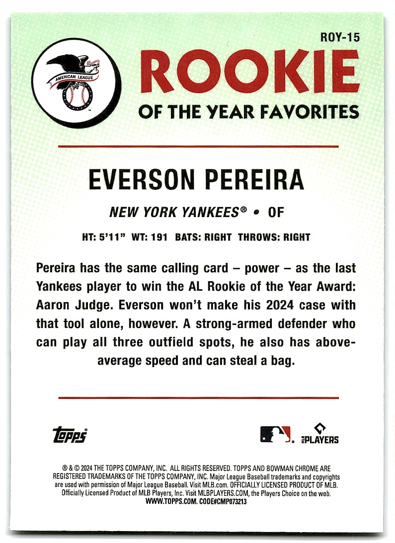 2024 Bowman CHROME ROOKIE Everson Pereira #ROY15 card back image