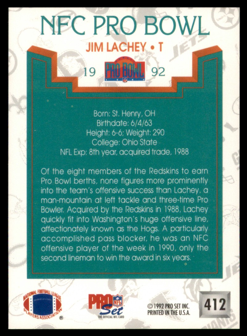 1992 Pro Set Jim Lachey #412 card back image