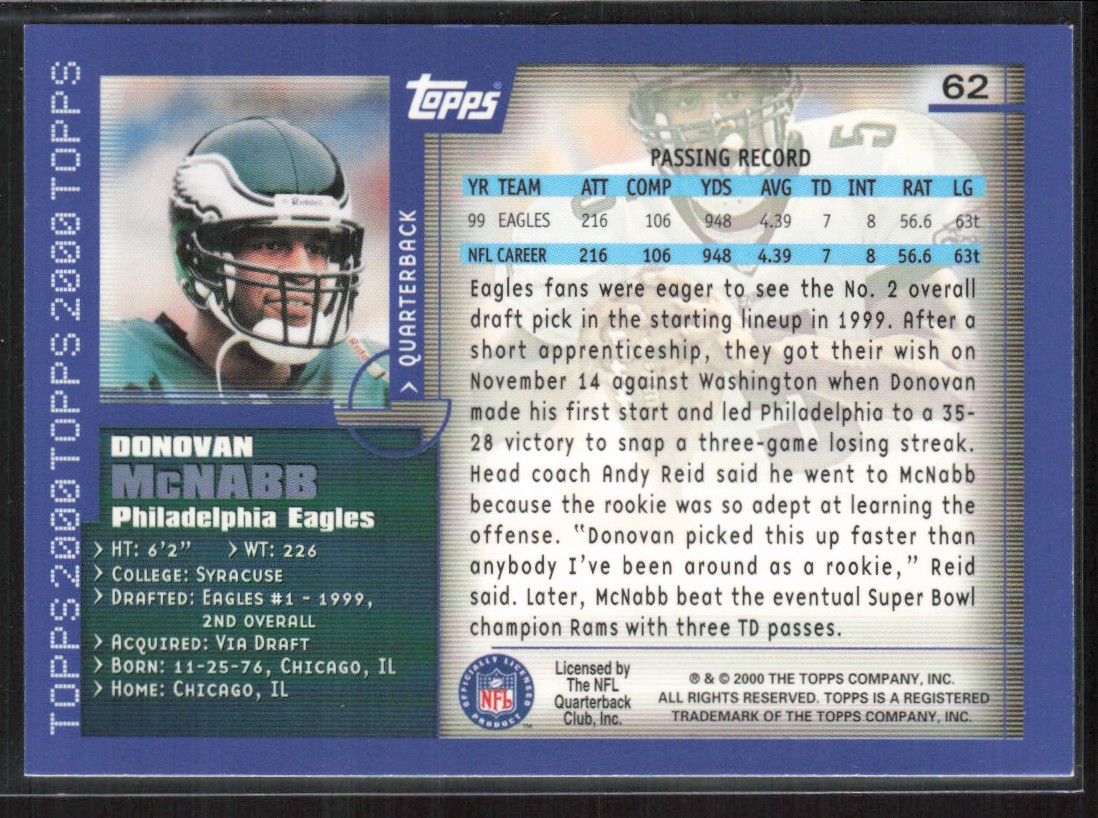 2000 Topps #62 Donovan McNabb Philadelphia Eagles | eBay