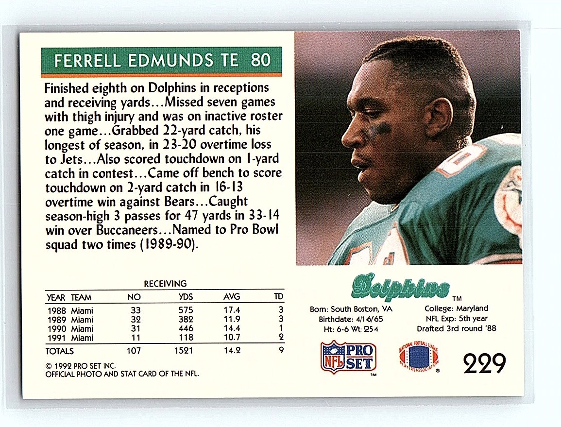 1992 Pro Set Ferrell Edmunds Miami Dolphins #229 | eBay