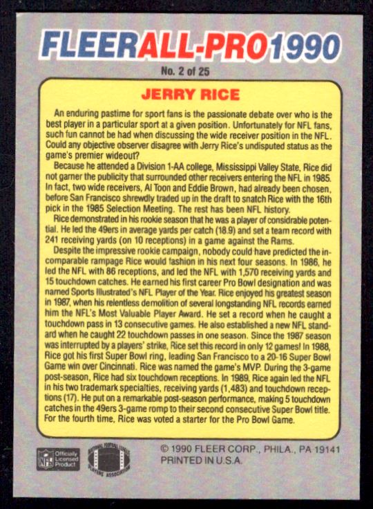 1990 Fleer All-Pro Jerry Rice #2 card back image