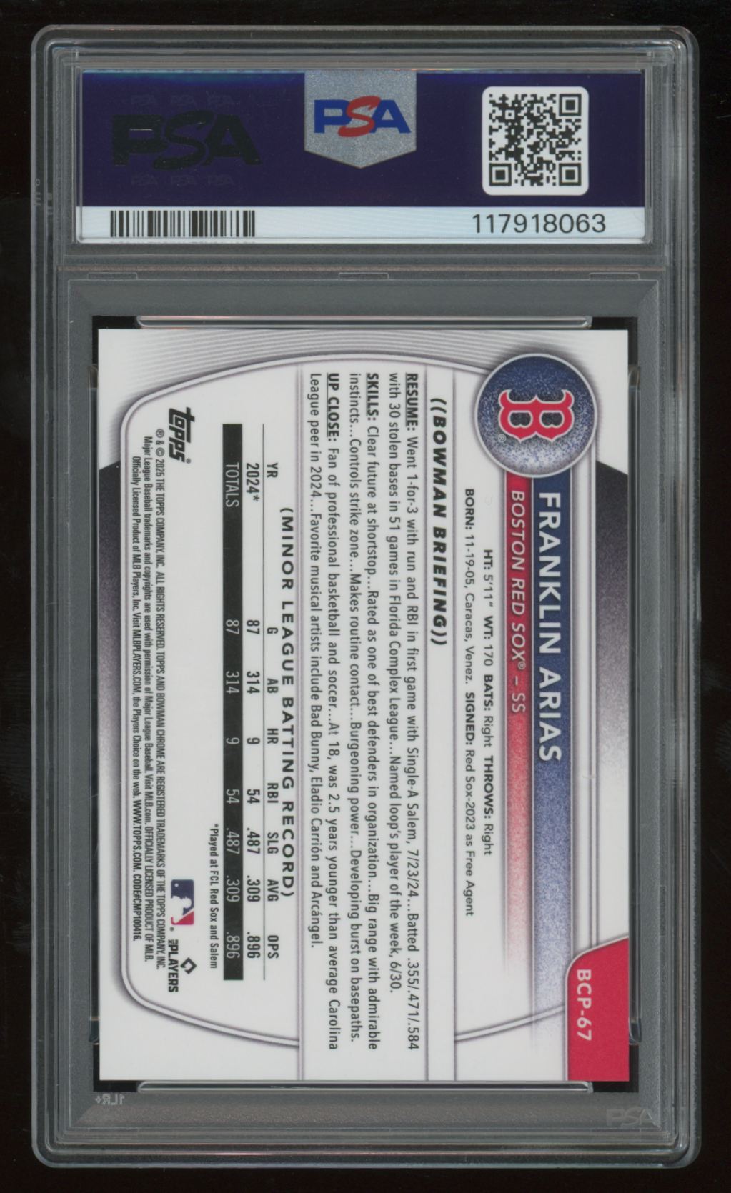 FRANKLIN ARIAS 2025 BOWMAN CHROME #BCP-67 GOLD REFRACTOR 35