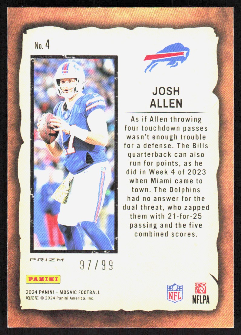 2024 Mosaic Notoriety Reactive Blue Josh Allen 97/99 Buffalo Bills