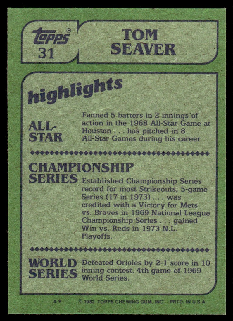 1982 Topps Tom Seaver #31 card back image