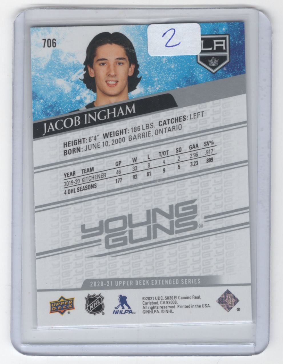 2020-21 Upper Deck Extended Young Guns Jacob Ingham #706 on Kronozio