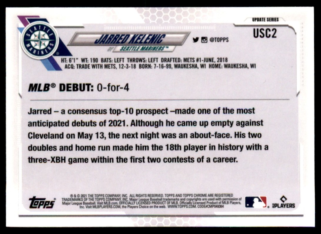 2021 Topps Chrome Rookie Purple Jarred Kelenic #USC2 card back image