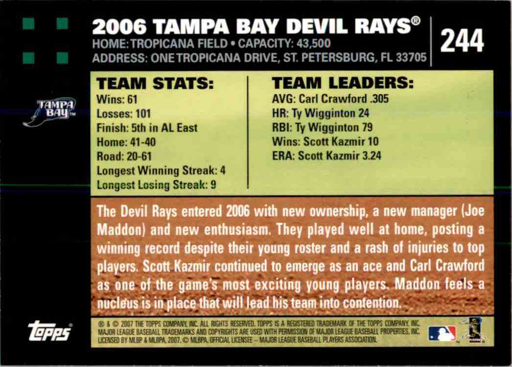 2007 Topps Tampa Bay Devil Rays #244 card back image