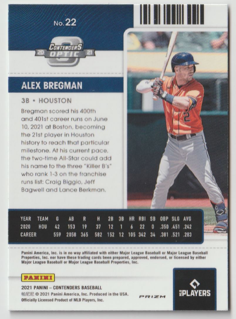 2021 Panini Contenders Season Ticket Bliue Alex Bregman #22 card back image