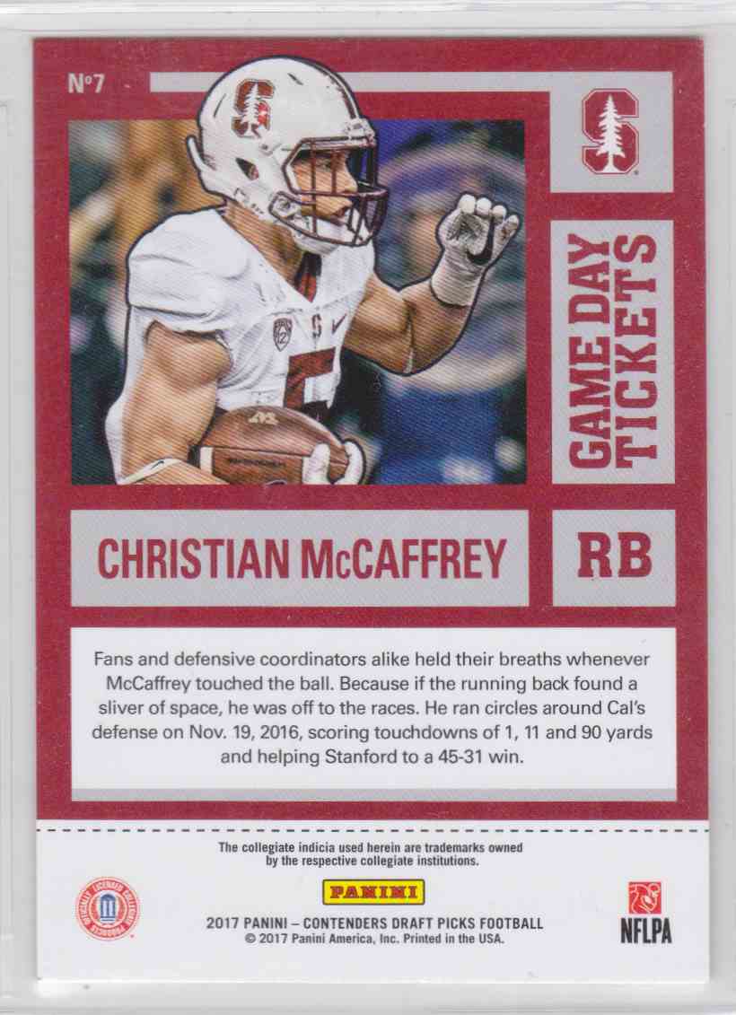 2017 Panini Contenders Draft Picks Game Day Tickets Christian McCaffrey #7 card back image