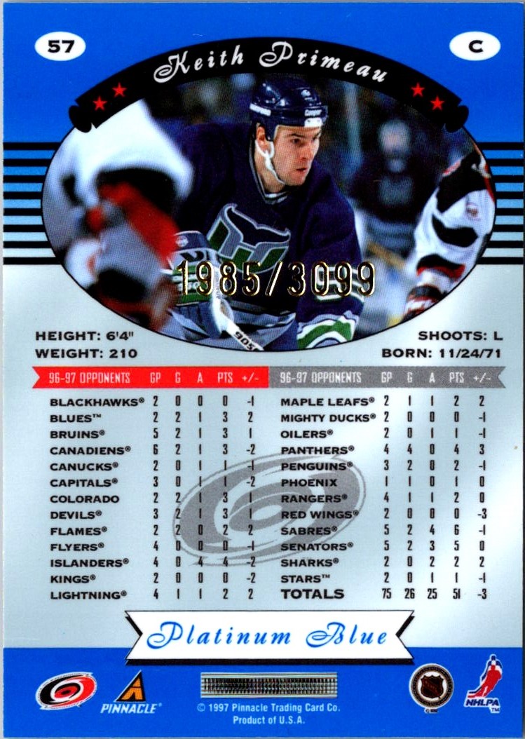 1997-98 Pinnacle Totally Certified Platinum Blue Keith Primeau #57 card back image