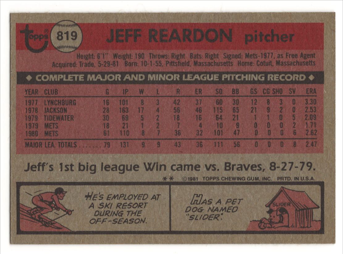 1981 Topps Traded Jeff Reardon #819 card back image