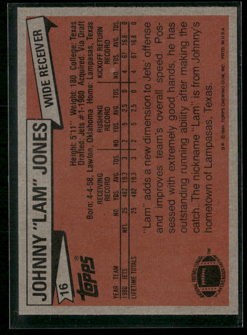 1981 Topps Lam Jones #16 card back image