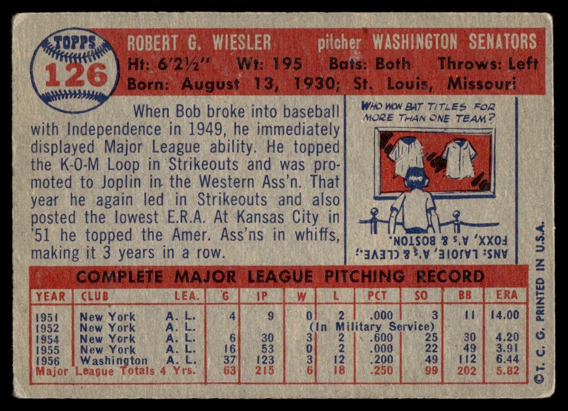1957 Topps Bob Wiesler #126 card back image