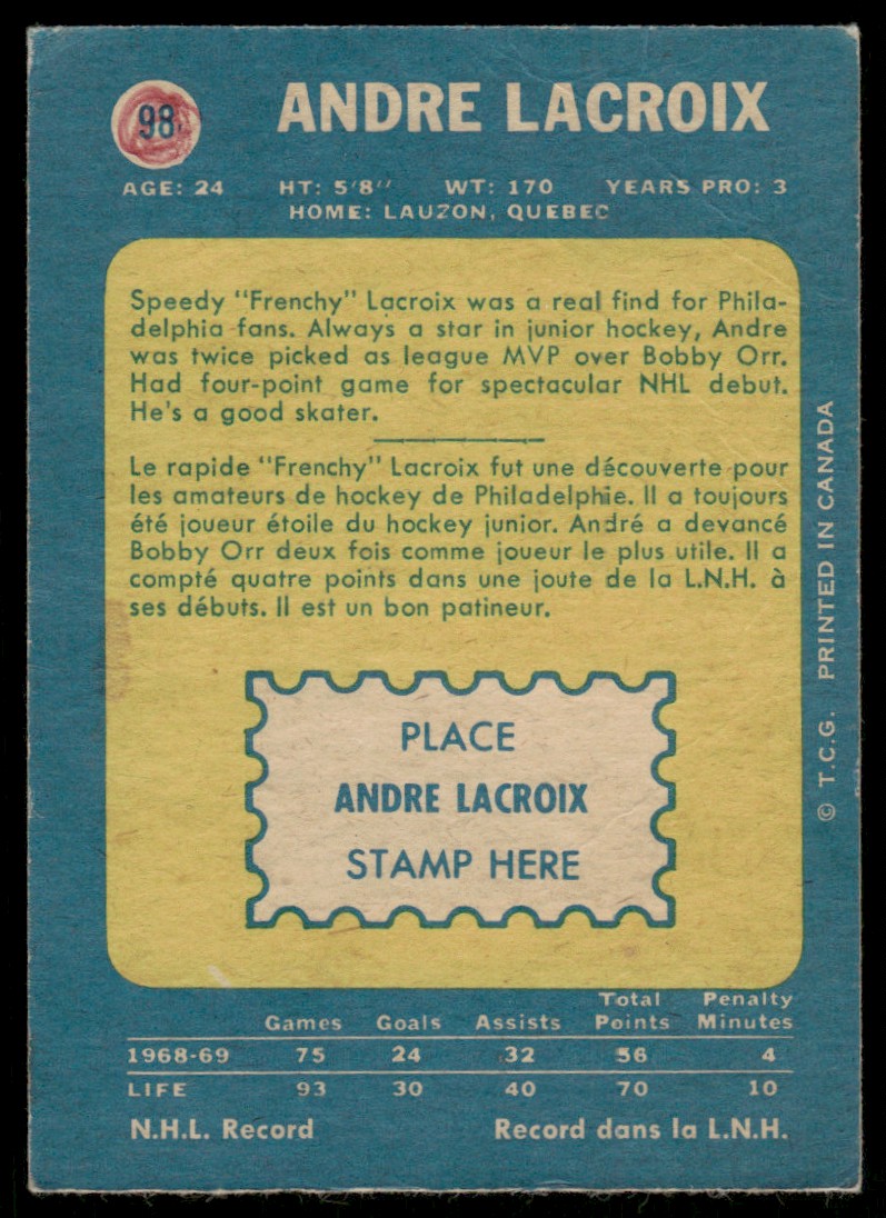 1969-70 O-Pee-Chee Hockey OPC Andre Lacroix #98 card back image