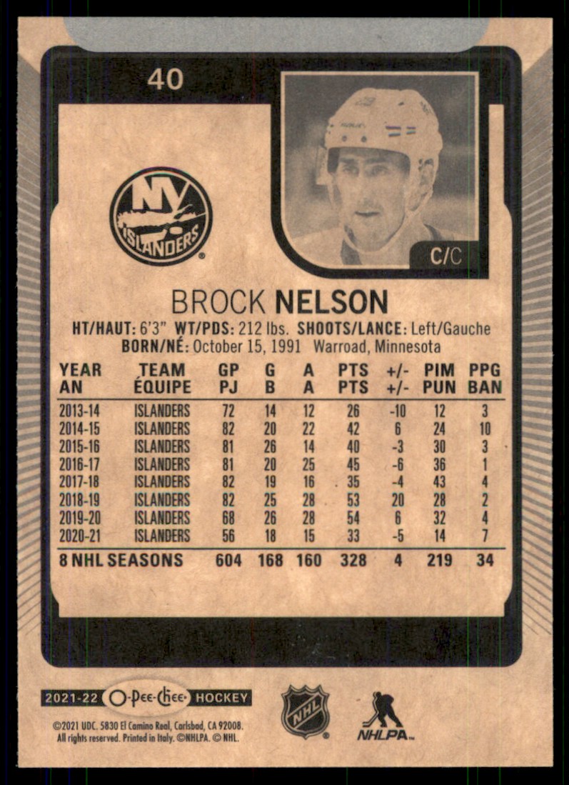 2021-22 O-Pee-Chee Brock Nelson #40 card back image