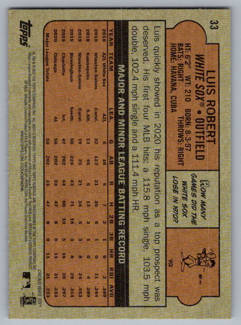 2021 Topps Heritage Luis Robert #33 card back image