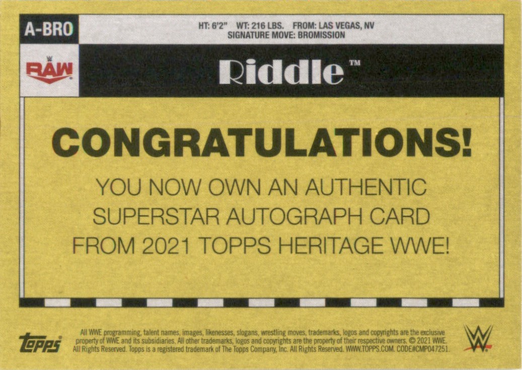2021 Topps Heritage WWE Autographs Riddle #ABRO card back image
