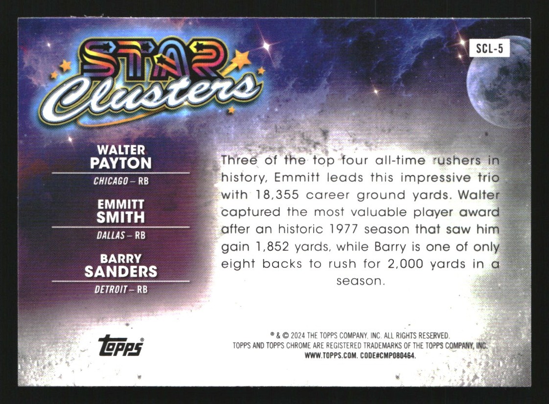 2024 Topps Chrome Cosmic Star Clusters Barry Sanders / Emmitt Smith / Walter Payton #SCL-5 card back image