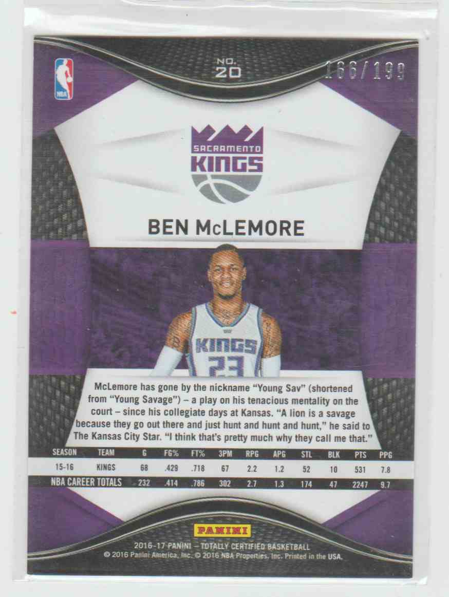 2016-17 Panini Panini Totally Certified Totally Certified Red Ben Mclemore 166/199 #20 card back image