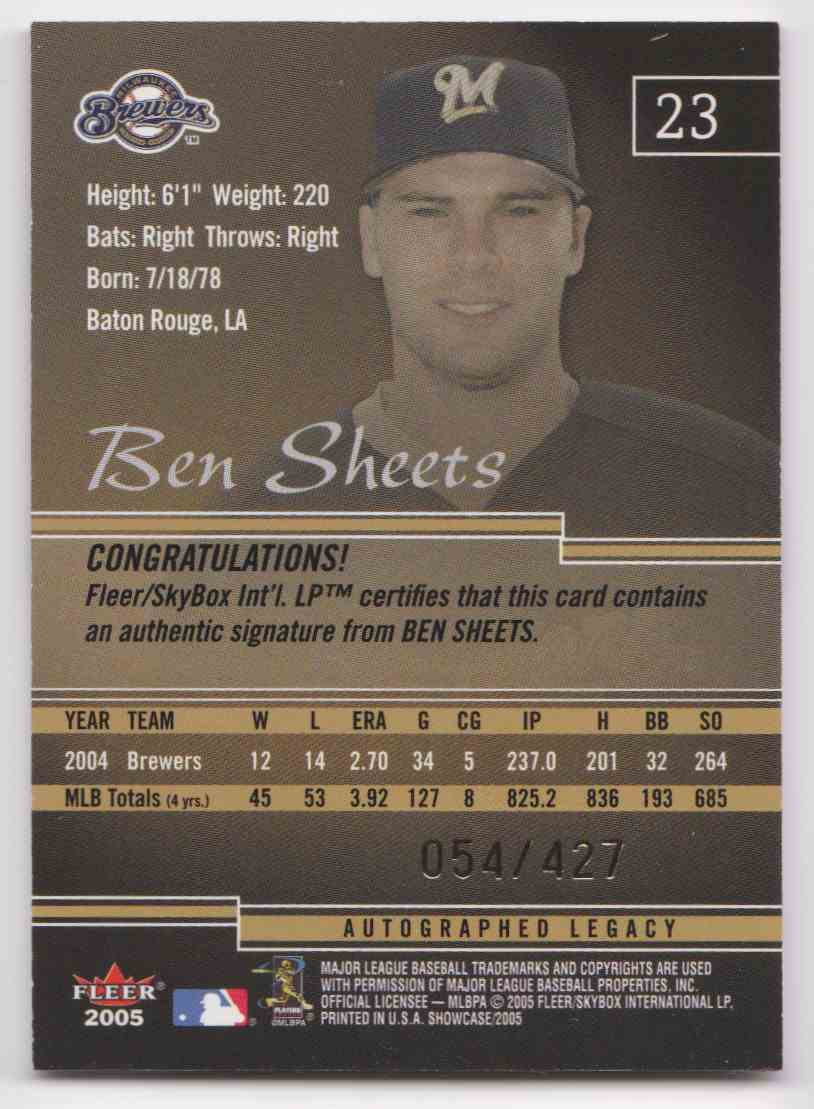 2005 Fleer Showcase Autographed Legacy Ben Sheets #23 card back image