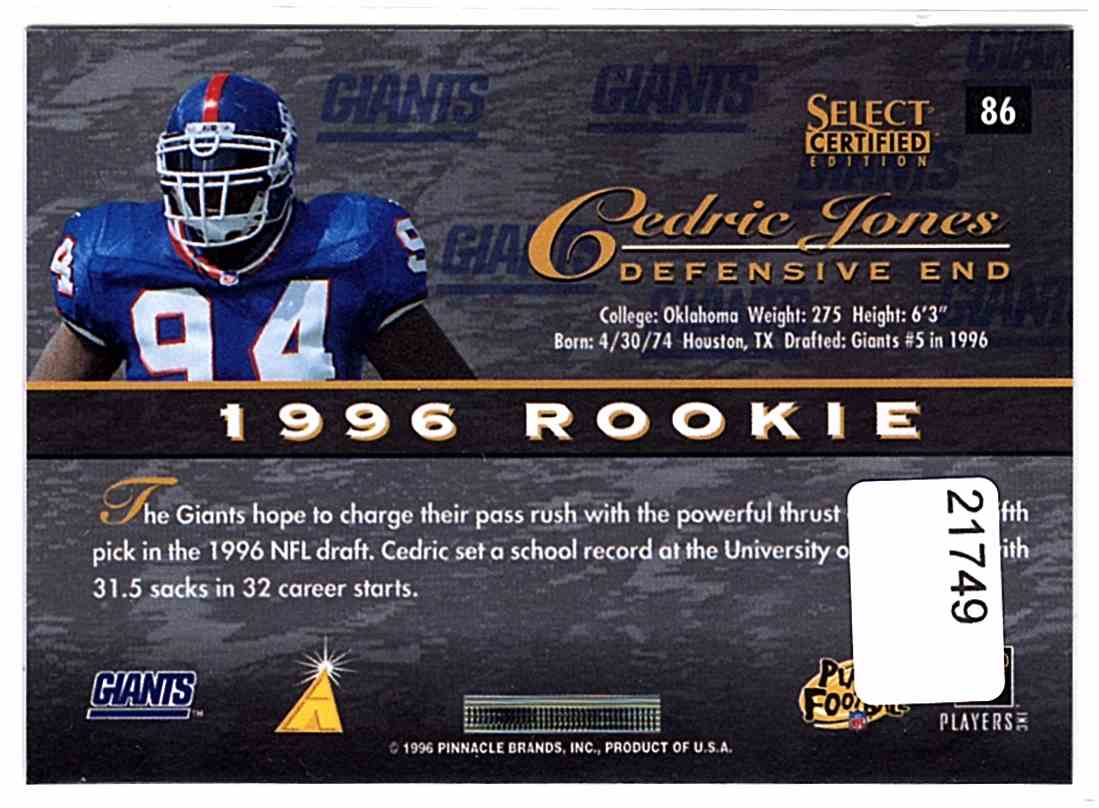 1996 Select Certified Football Card Cedric Jones RC #86 on Kronozio