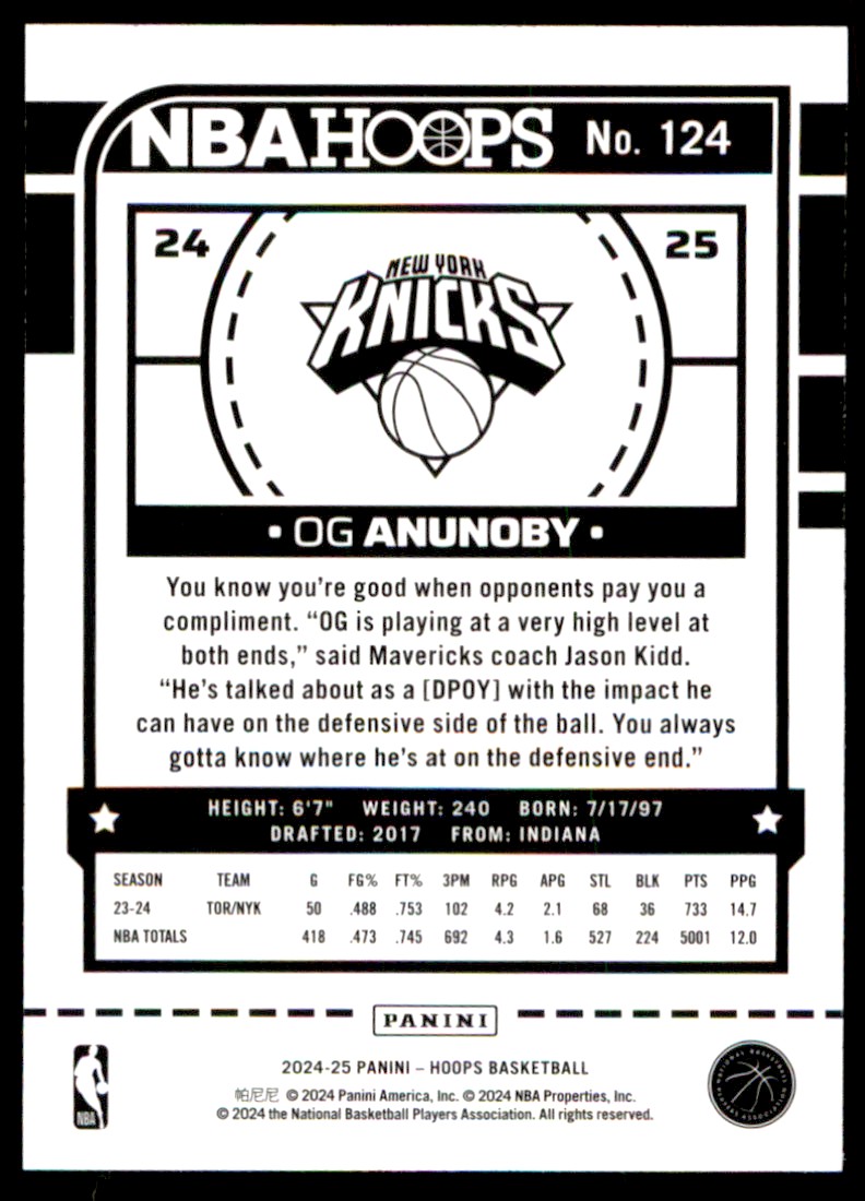 2024-25 Panini Hoops Og Anunoby New York Knicks #124 | eBay