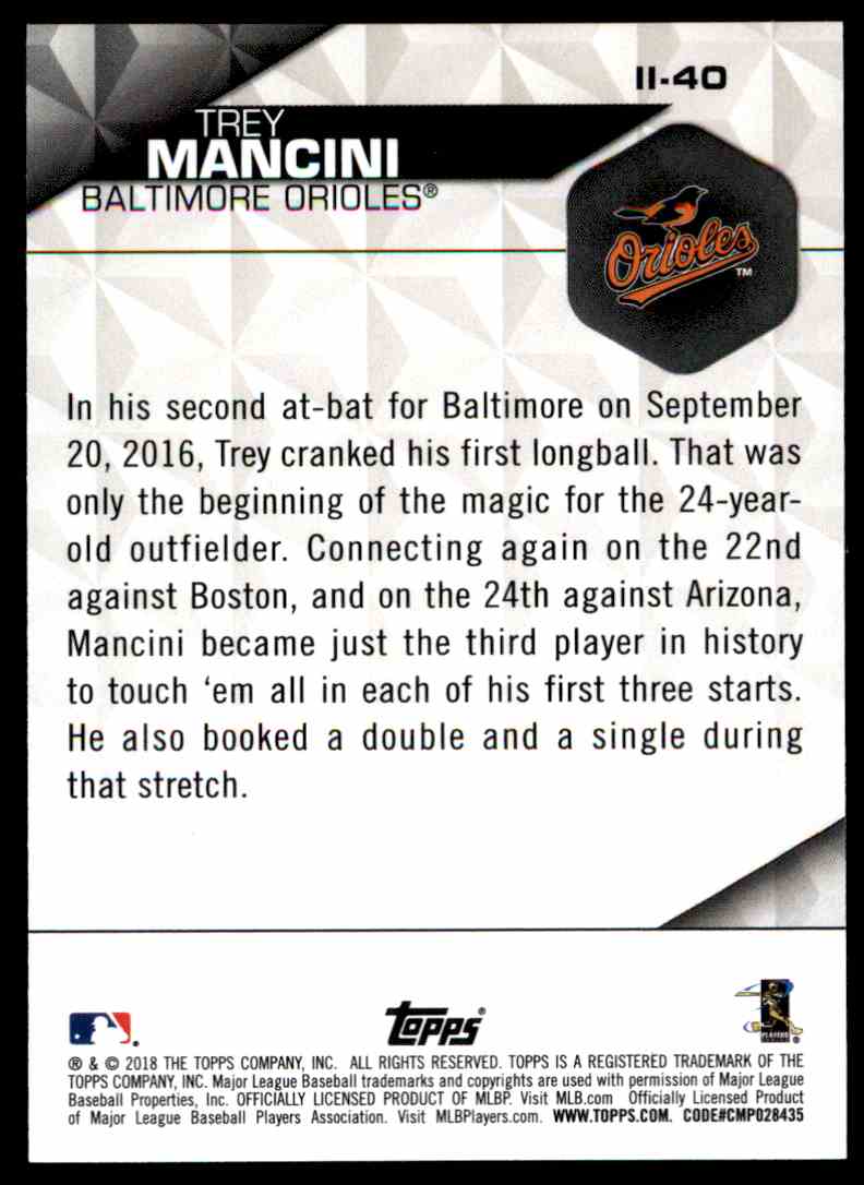 2018 Topps Series 2 Instant Impact Blue Trey Mancini - Baltimore Orioles #II-40 card back image