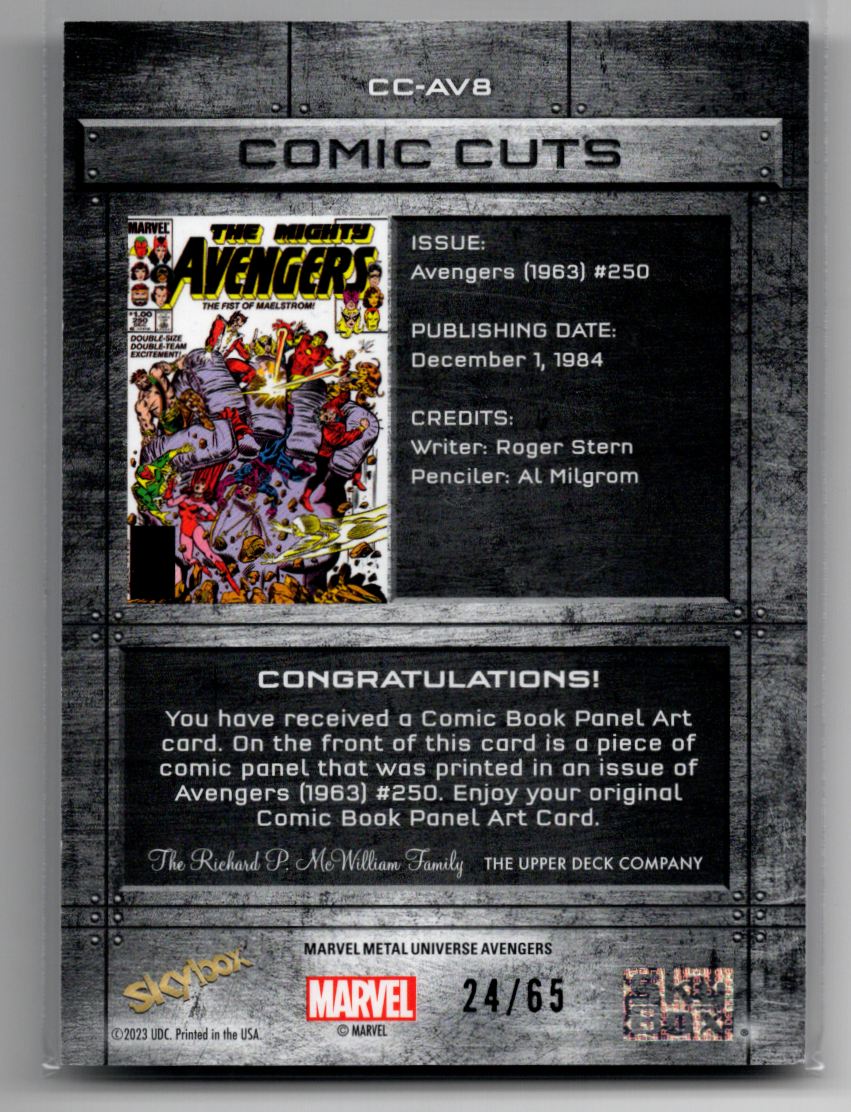2023 Marvel SkyBox Metal Universe Avengers Comic Cuts Avangers 1963 #CC-AV8 card back image