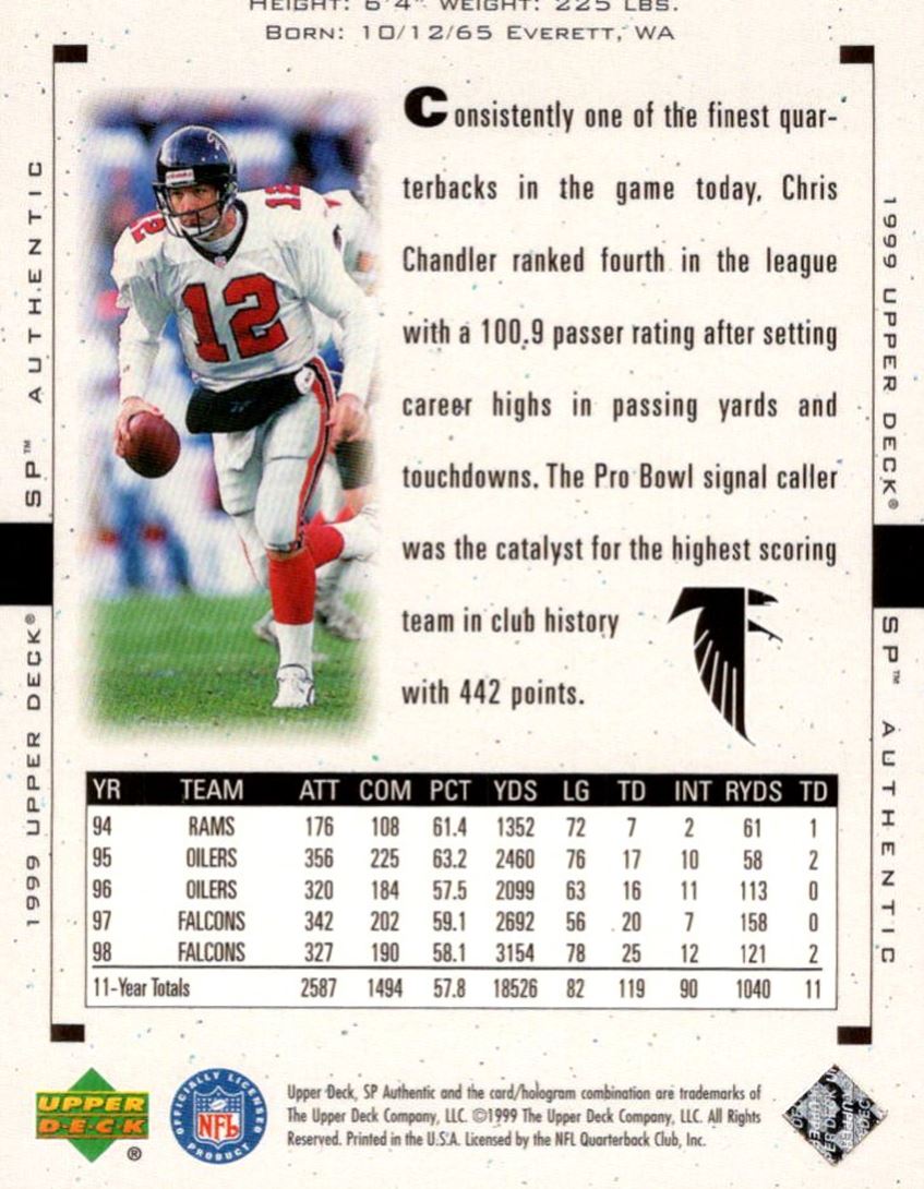 1999 Upper Deck Chris Chandler #10 card back image