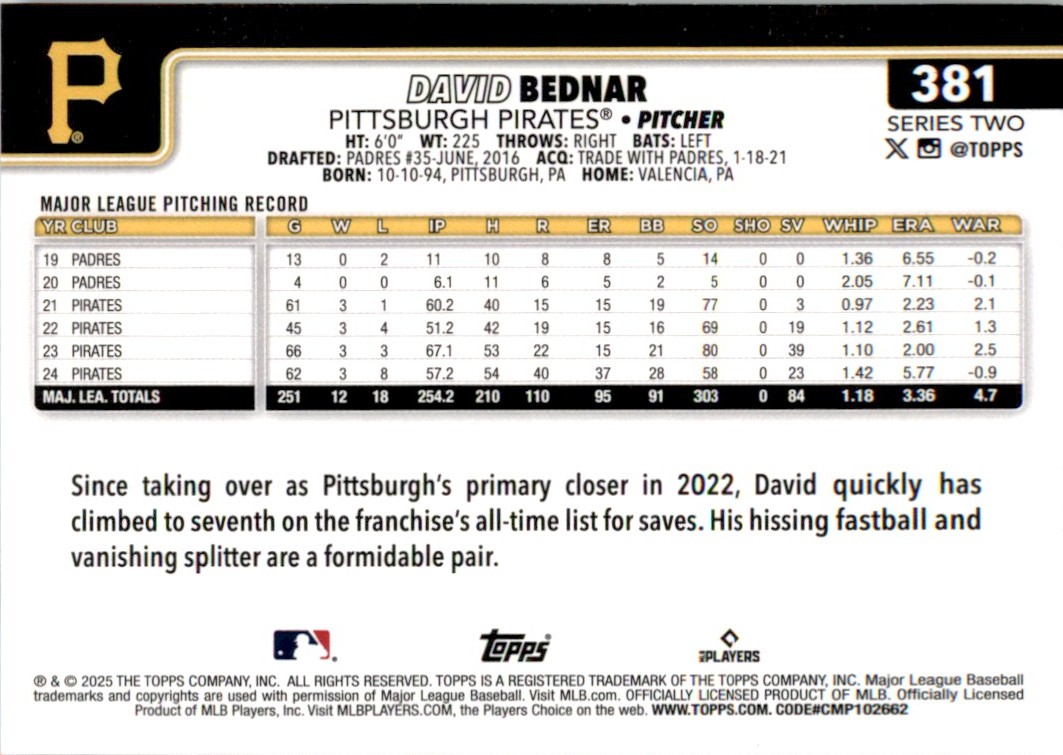 2025 Topps David Bednar #381 card back image