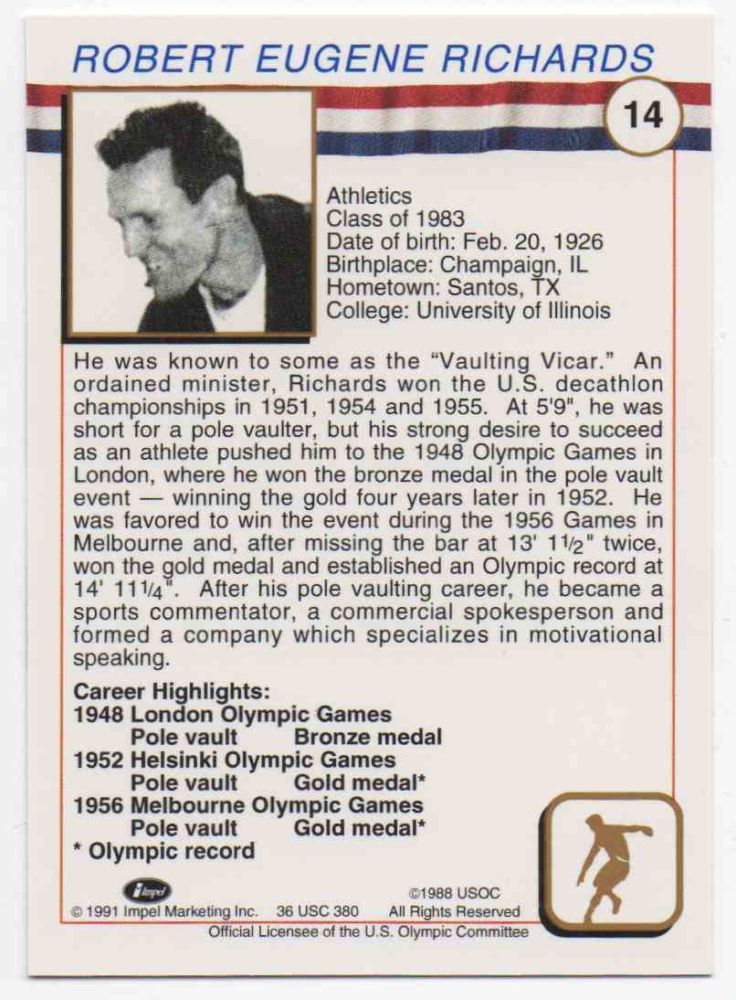 1991 Impel U.S. Olympic Hall Of Fame Bob Richards #14 card back image
