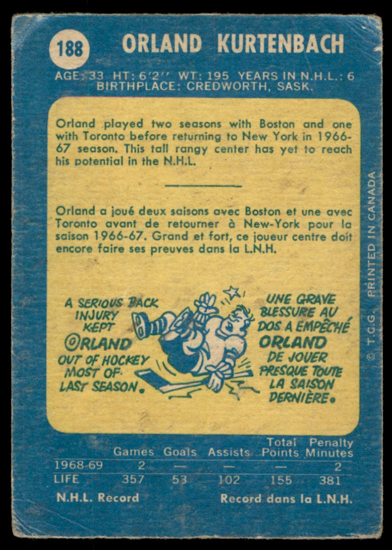 1969-70 O-Pee-Chee Orland Kurtenbach #188 card back image
