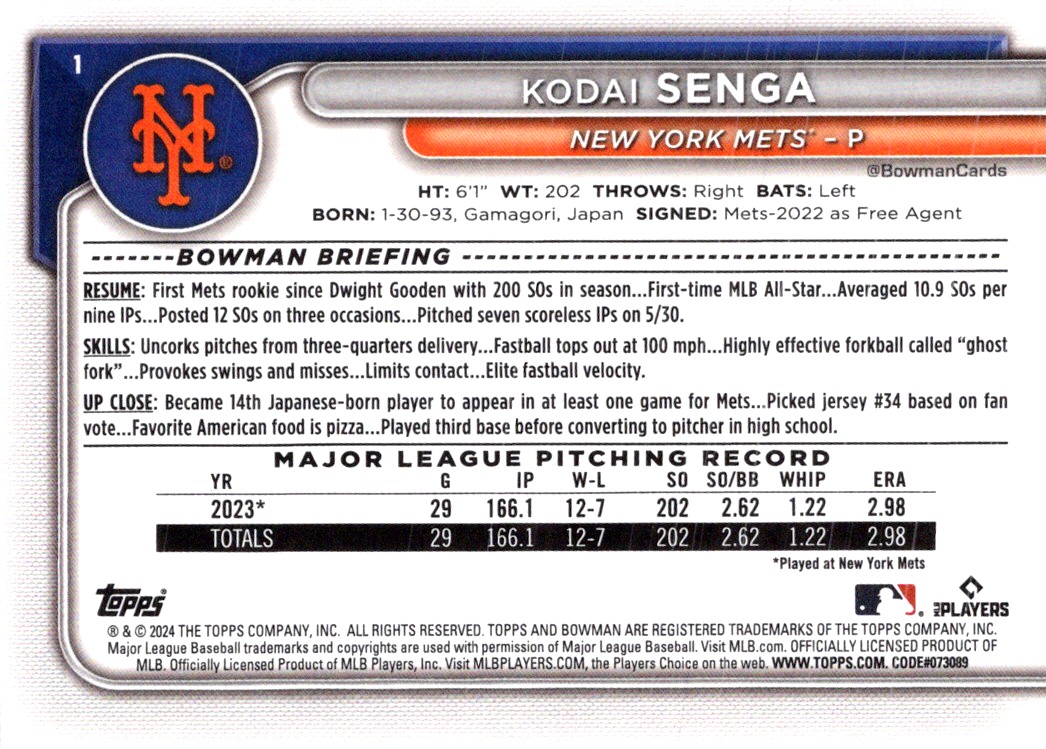 2024 Bowman Prospects Kodai Senga #1 card back image