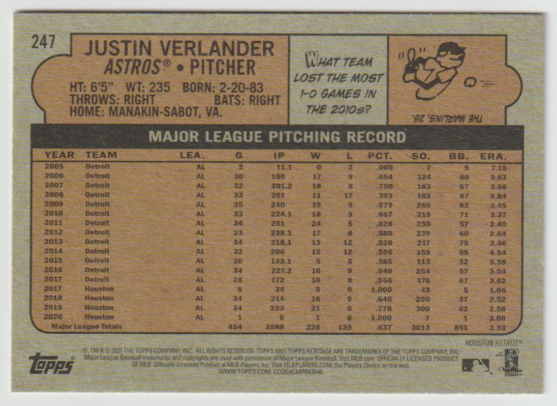 2021 Topps Heritage Justin Verlander #247 card back image