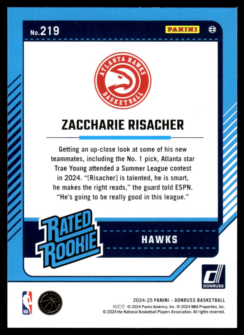 2024-25 Donruss Green Holo Laser Zaccharie Risacher Rookie Atlanta