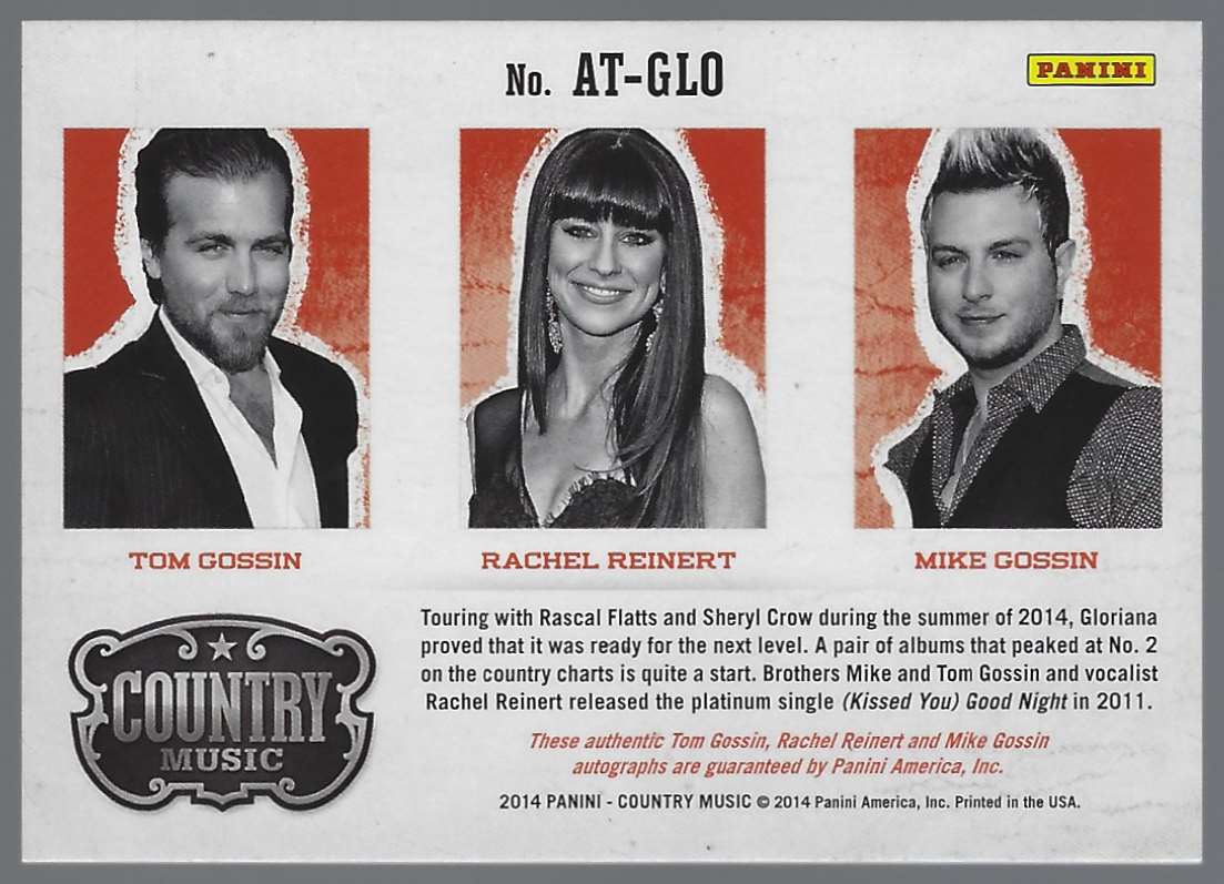 2015 Panini Country Music Triple Signatures Green Tom Gossin/Rachel Reinert/Mike Gossin #ATGLO card back image